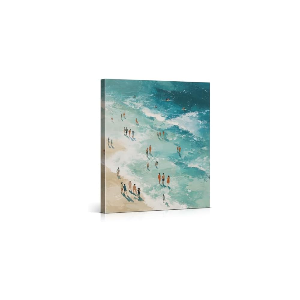 Coastal Beach Summer Wall Art Print - Swimming People Canvas Picture Painting - Ocean Themed Wall Decor for Home Beach House Living Room 8x10 Inch Framed