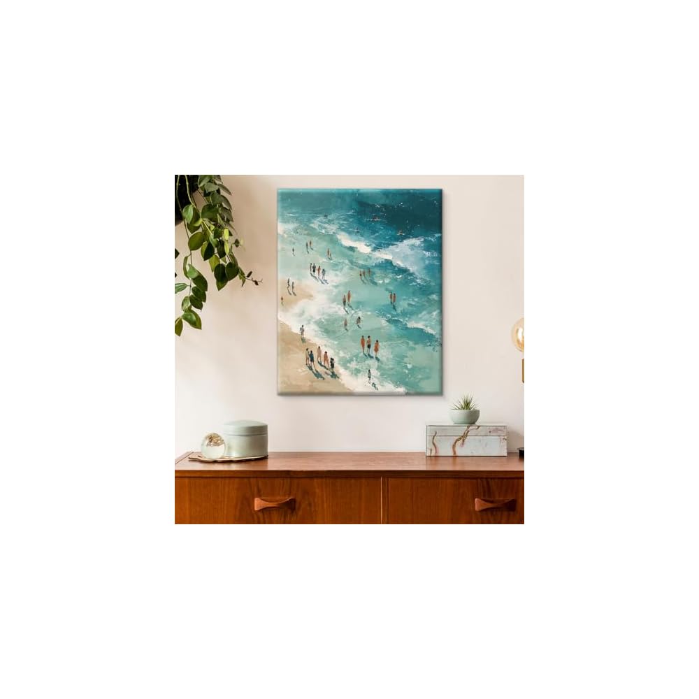 Coastal Beach Summer Wall Art Print - Swimming People Canvas Picture Painting - Ocean Themed Wall Decor for Home Beach House Living Room 8x10 Inch Framed