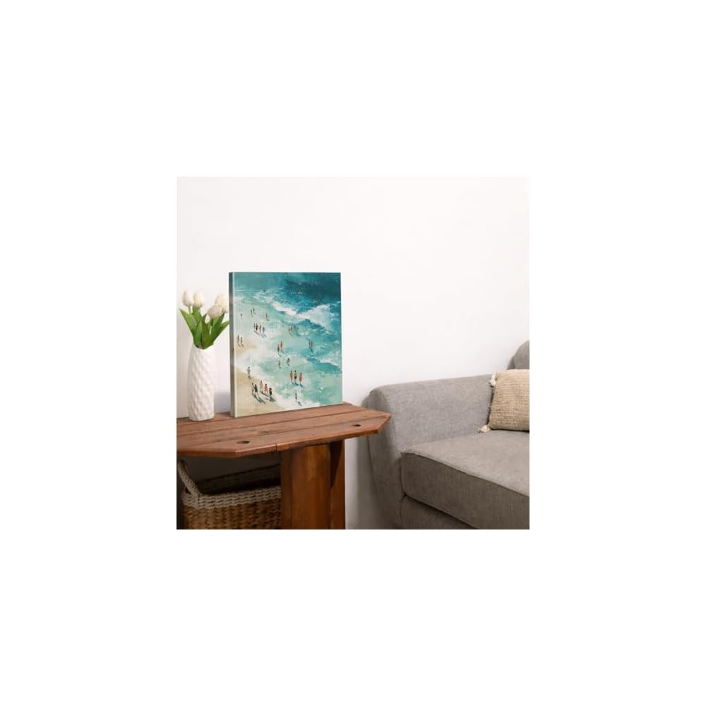 Coastal Beach Summer Wall Art Print - Swimming People Canvas Picture Painting - Ocean Themed Wall Decor for Home Beach House Living Room 8x10 Inch Framed