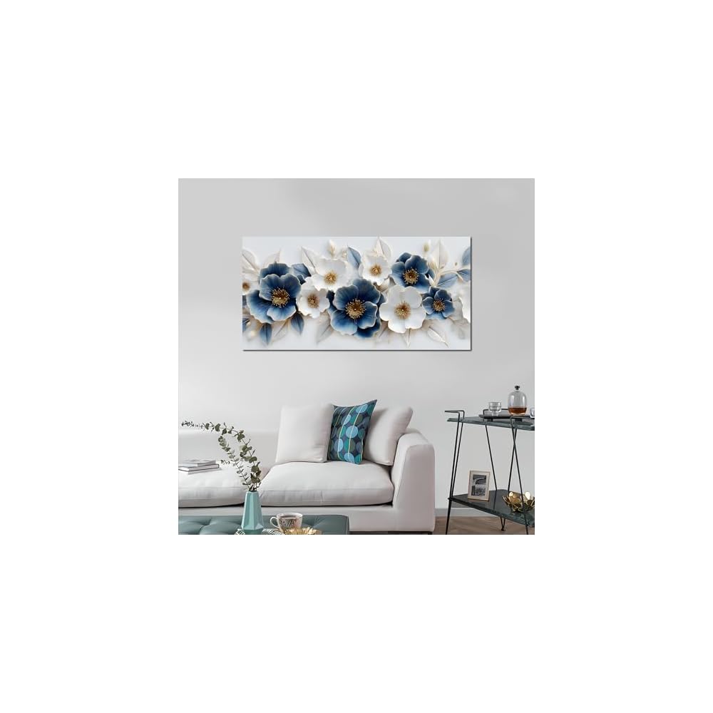 Large Canvas Wall Art for Living Room Blue and White Floral Print Painting wall Decor for Bedroom Office Modern Home Botanical Framed Wall Decorations Artwork Size 20x40 Ready to Hang