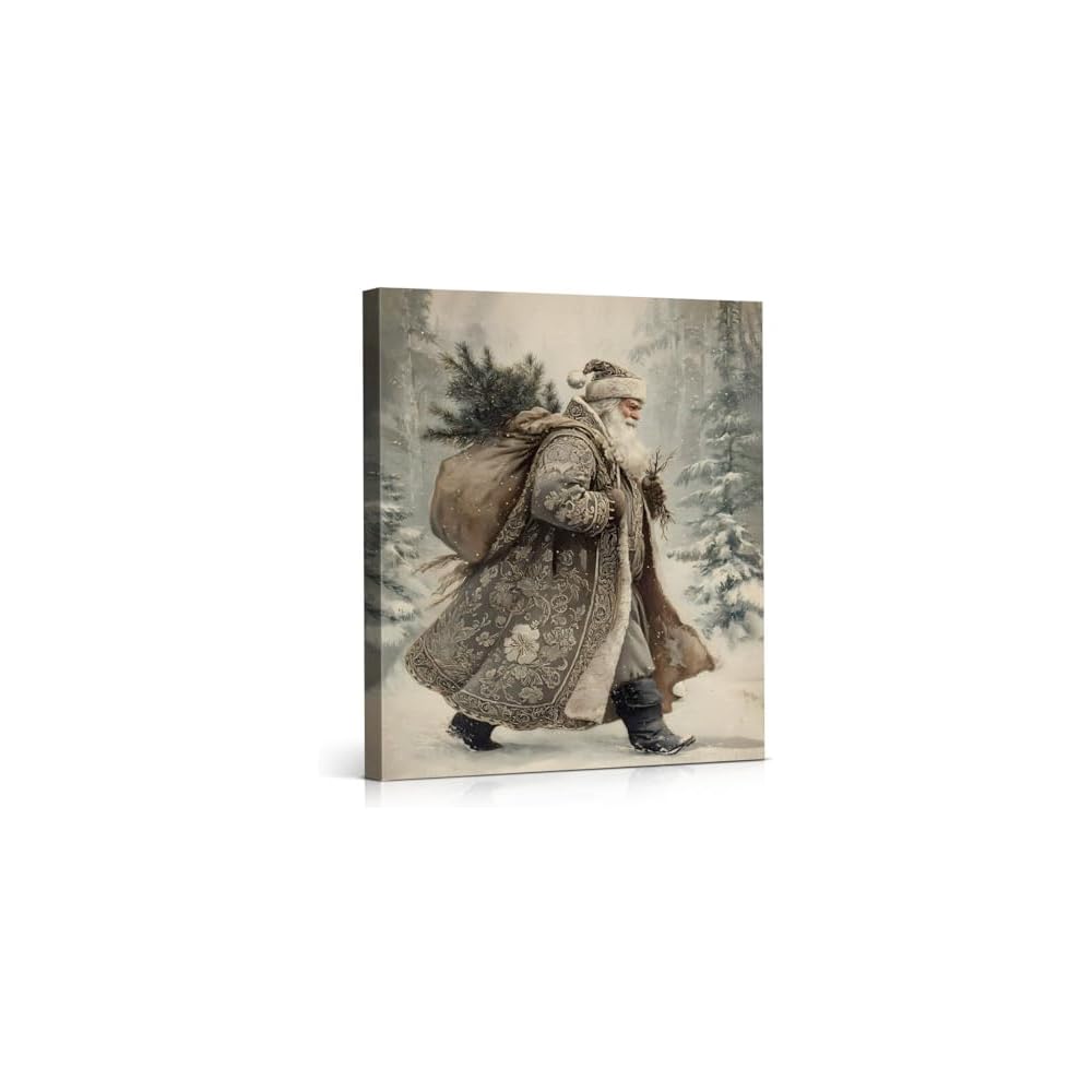 Vintage Santa Claus Christmas Wall Art Print Santa in Forest Winter Picture Artwork Christmas Wall Decor for Home Living Room Bedroom 8x10 Inch Framed