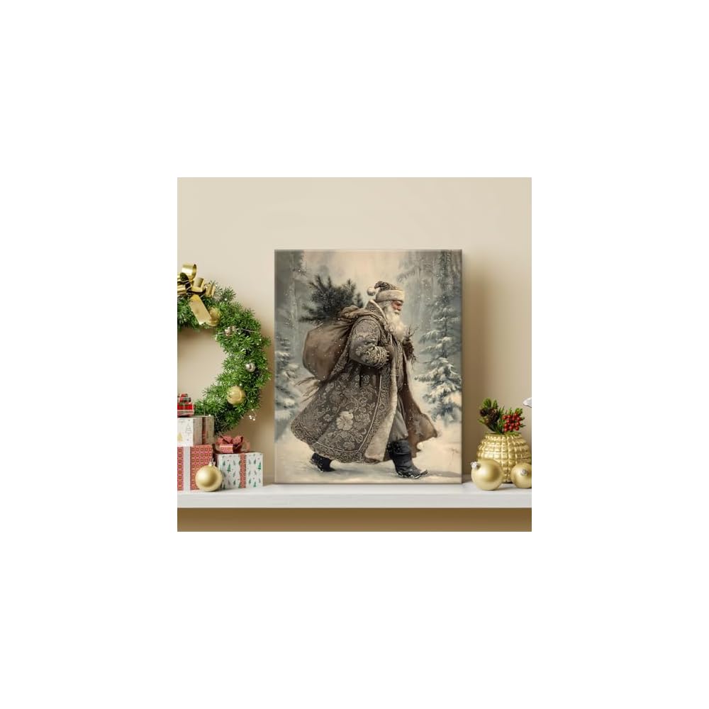 Vintage Santa Claus Christmas Wall Art Print Santa in Forest Winter Picture Artwork Christmas Wall Decor for Home Living Room Bedroom 8x10 Inch Framed