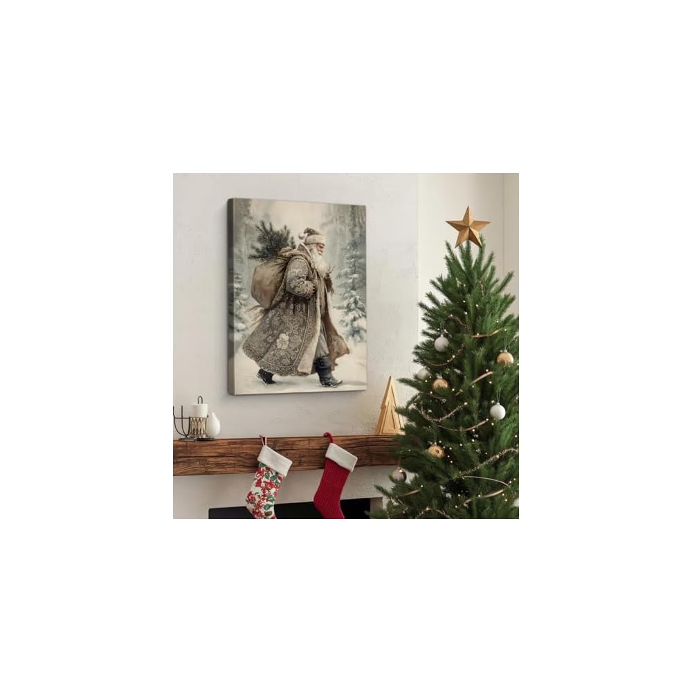 Vintage Santa Claus Christmas Wall Art Print Santa in Forest Winter Picture Artwork Christmas Wall Decor for Home Living Room Bedroom 8x10 Inch Framed