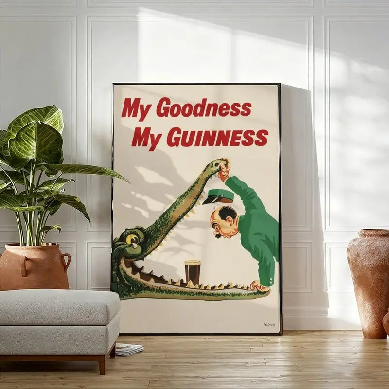 Vintage John Gilroy Guinness Crocodile Wall Art, Retro Irish Beer Advertisement Poster, Classic Pub Decor Print, Brewery Vintage Artwork, Irish Bar Wall Decor, Collector Beer Poster, Man Cave Wall Art, Retro Advertising Print
